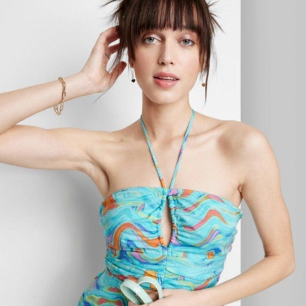 Wild Fable Women's Size Aqua Blue Swirl Sleeveless Woven Cropped Top